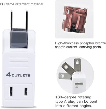 SYCON 2 Prong Swivel Wall Adapter, Electrical 4 Way Outlet Expander Plug, Multi Plug Extender Splitter, Multiple Ungrounded Mini Plug Wall Tap, Type A