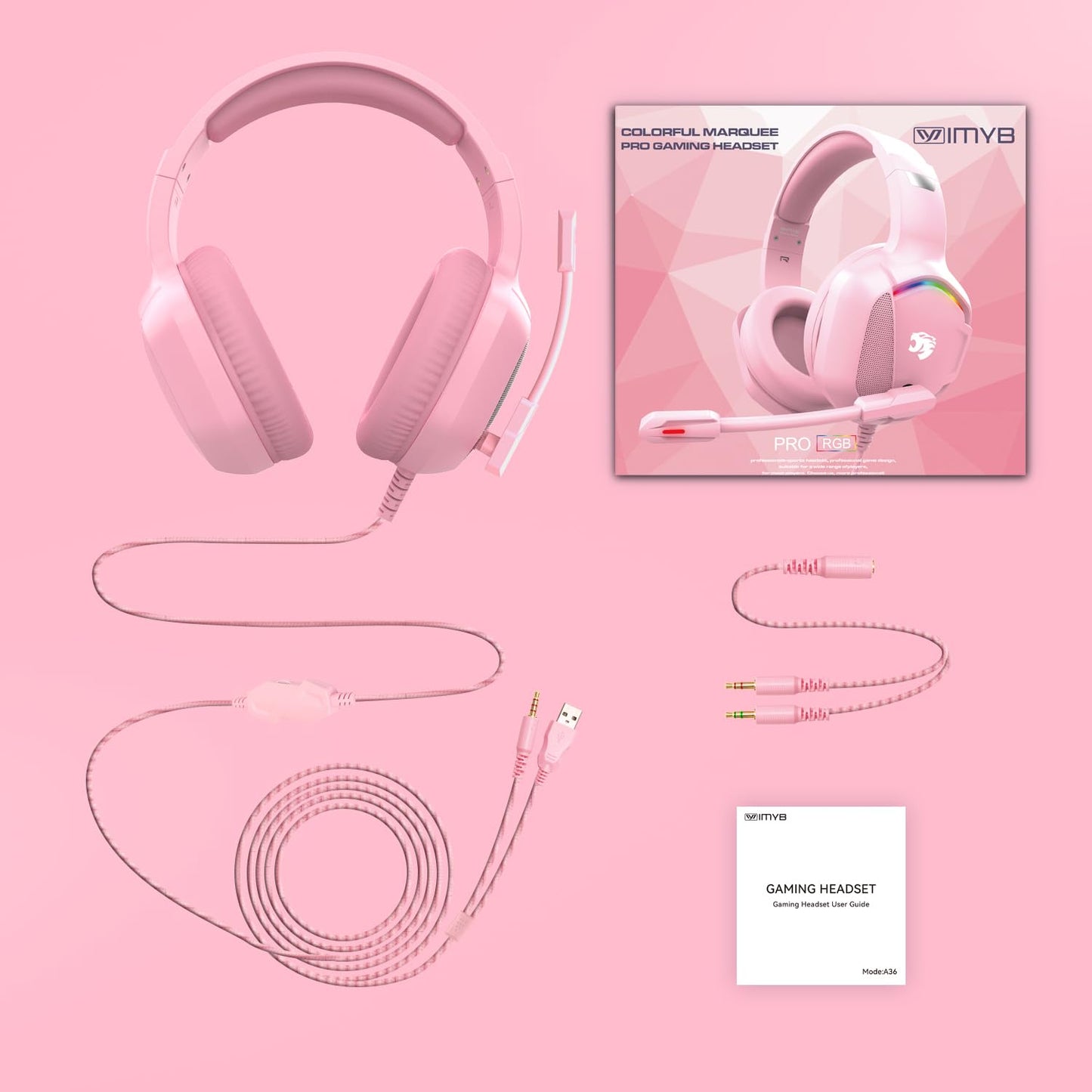 IMYB A36 Pink Gaming Headset with Mic Stereo Headphones for Pc, PS5, Xbox