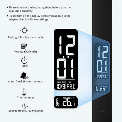 LED Desk Lamp with Charger, USB Charging Port, Dual Swing Arm Desk Light with 5 Brightness, 3 Colors, Table Lamp with Clock, Alarm, Date, Temperature, Desk Lamp for Home Office Study (Black)