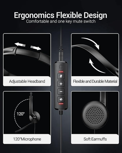 USB Headset with Microphone for PC Laptop - Wired Computer Headphones with Noise Cancelling Microphone for Home Office Online Class Skype Zoom Meetings,in Line Mute Controls