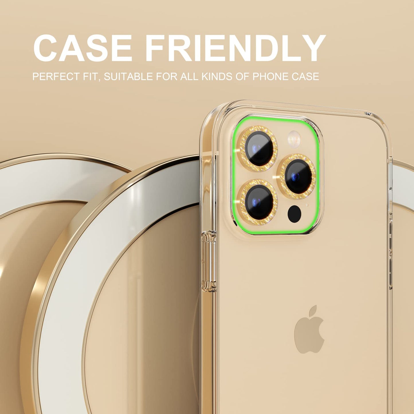 Choiche Compatible for iPhone 14 Pro/iPhone 14 Pro Max Camera Lens Protector Bling, 9H Tempered Glass Camera Cover Screen Protector Metal Ring Decoration Accessories (Glitter-Gold)