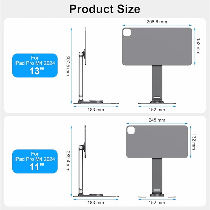 Magnetic iPad Pro M4 13-inch Stand with Wireless Charging 18W, 360° Rotating Aluminum Tablet Holder for iPad Pro M4 13-inch, Adjustable Desk Mount Series (M4-13inch)