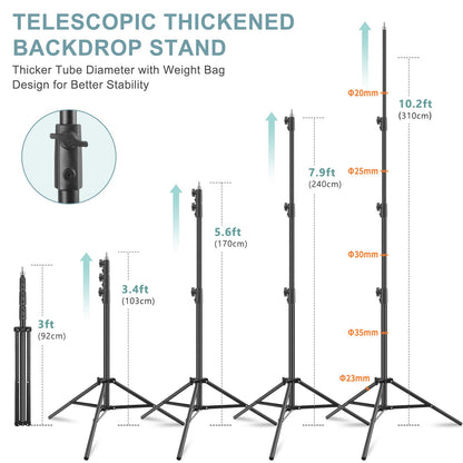 10.2x10Ft Heavy Duty Backdrop Stand, MSKIRA Adjustable Backdrop Support System Kit, Photoshoot Background Stand for Parties, Advertising Display with 6 Clamps, 4 Clips, 2 Sandbags, Carry Bag
