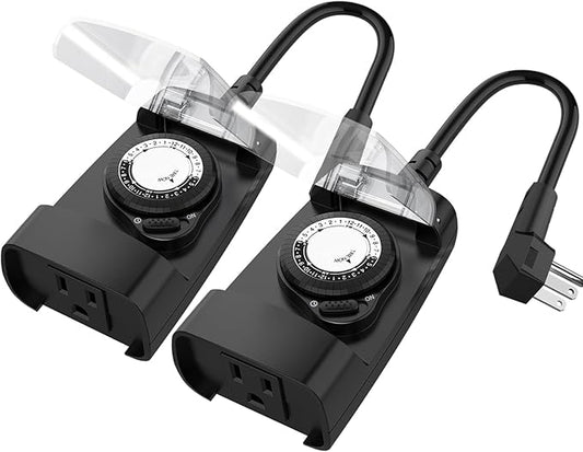 G-Homa 24 Hour Mechanical Outdoor Timer Outlet, Outdoor Timer for Lights, 3-Prong Outdoor Light Timer Waterproof for Home and Garden 15A 1/2HP Heavy Duty, CSA Listed [2 Packs]