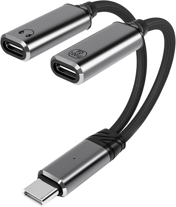 USB C Splitter，2 in 1 USB C Headphone and Charger Adapter Audio Dongle Cable with PD 100W for iPhone 16 15 Pro Max, Pixel 9 8 7, Galaxy S24 S23 S22, iPad Pro
