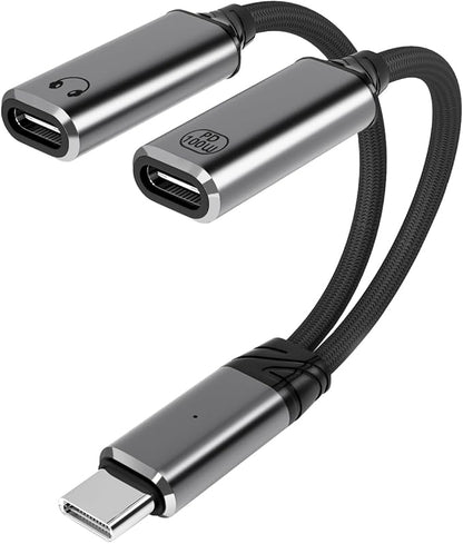 USB C Splitter，2 in 1 USB C Headphone and Charger Adapter Audio Dongle Cable with PD 100W for iPhone 16 15 Pro Max, Pixel 9 8 7, Galaxy S24 S23 S22, iPad Pro