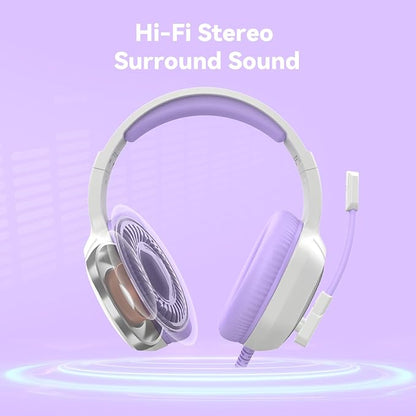 Gaming Headset with Microphone for Pc, Xbox One Series X/s, Ps4, Ps5, Switch, Stereo Wired Noise Cancelling Over-Ear Headphones with Mic, RGB, for Computer, Laptop, Mac, Nintendo (White Purple)