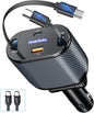 Retractable Car Charger for 4 in 1 Fast Charging Max 80W【ONLY 2 Type-C Charging Cable】 for iPhone16 15/Galaxy,USB-A/C Port for iPhone16/15/14/13/Pro Max Plus,iPad,AirPods,PD 3.0 Cord