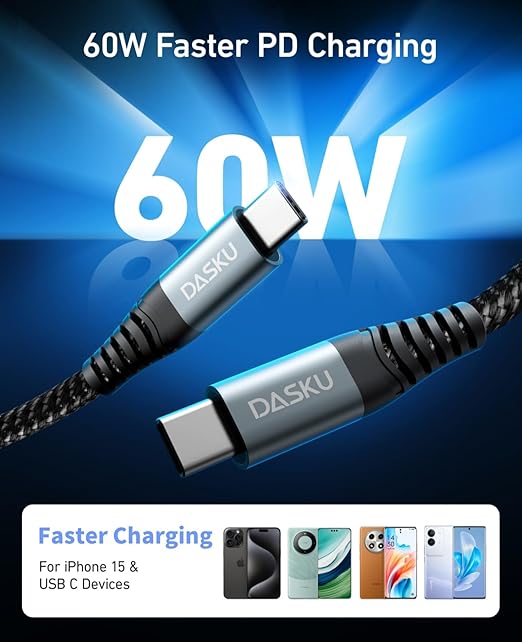 Dasku iPhone 16 USB C to USB C Fast Charging, 60W(3.1A) 2 Pack 3FT Charging Cord Type C Charger Cable for iPhone 16/15/15 Plus/15 Pro Max, MacBook Pro, iPad Pro Air, Samsung S24/S24 Ultra/S23