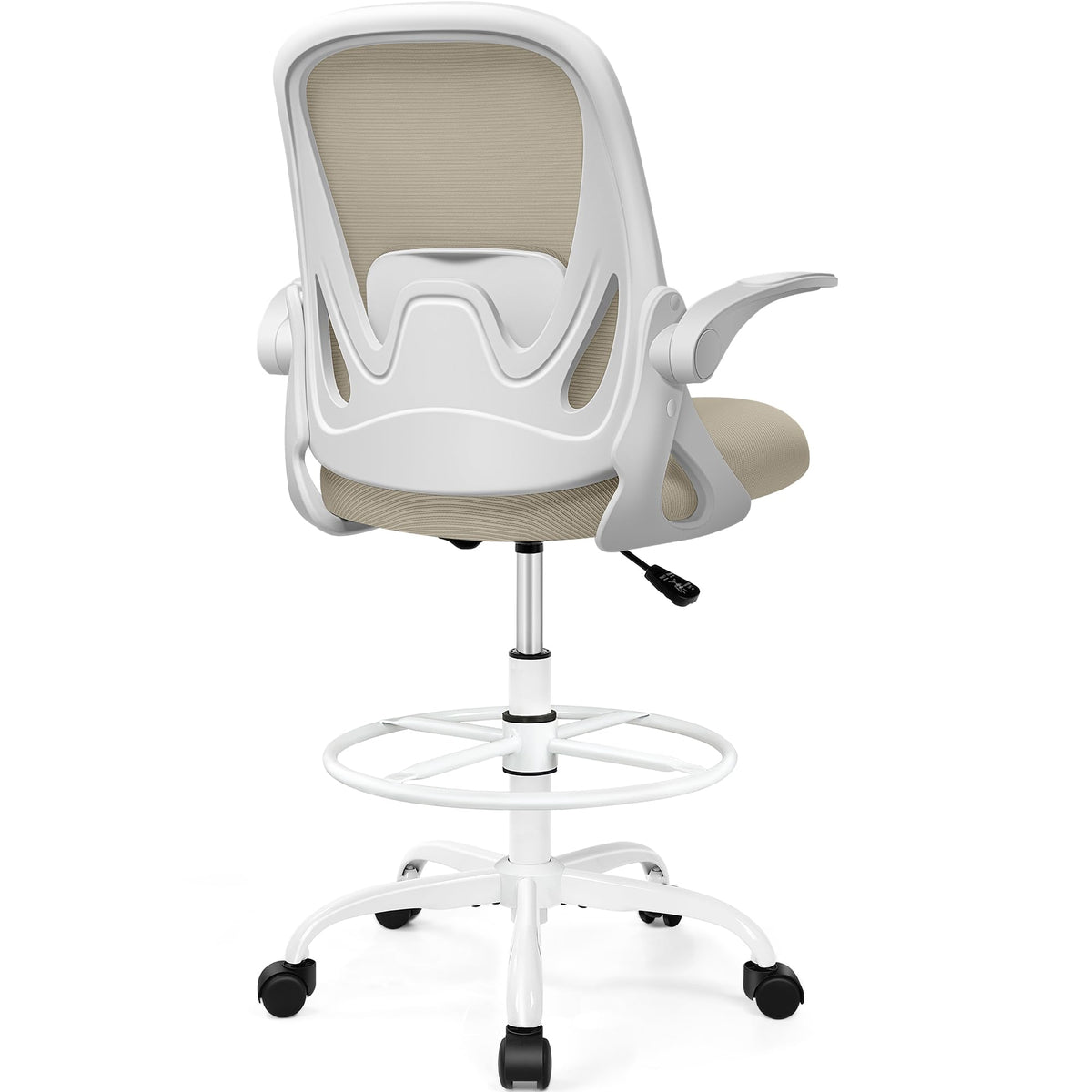 Drafting Chair Tall Office Chair with Flip-up Armrests, Adjustable Height, and Enhanced Lumbar Support - Ergonomic Rolling Stool, Back Support, and Adjustable Foot Rest Ring Light Blue
