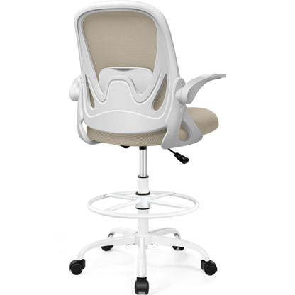 Drafting Chair Tall Office Chair with Flip-up Armrests, Adjustable Height, and Enhanced Lumbar Support - Ergonomic Rolling Stool, Back Support, and Adjustable Foot Rest Ring Light Blue