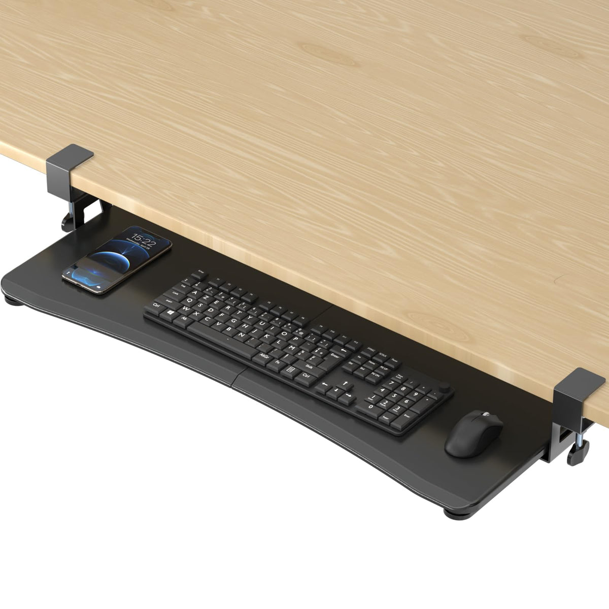 suptek Keyboard Tray Under Desk Pull Out with C Clamp Mount, Computer Keyboard & Mouse Tray, 25.6 (30 Including Clamps) x 11.8 inch Slide-Out Platform Computer Drawer for Typing, Light Wood, DSF1QM
