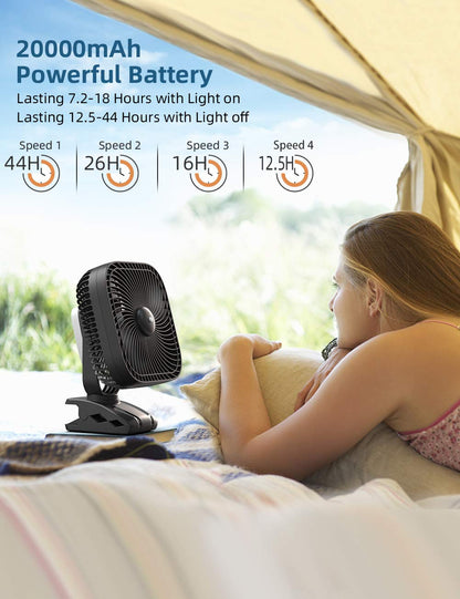 SLENPET 20000mAh Rechargeable Portable Clip-on Fan – Battery Operated, Last 78 Hrs, 4 Speeds with Light & Hook, 8 Inch Personal for Camping, Outdoor, Golf Cart, Stroller & Desk Use