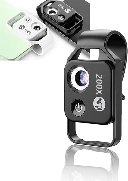 200X Phone Mini Pocket Microscope, Zoom Mobile Phone External Lens, Portable Digital Microscope Camera Attachments, with CPL Lens LED Light, Universal Clip Design (Black)