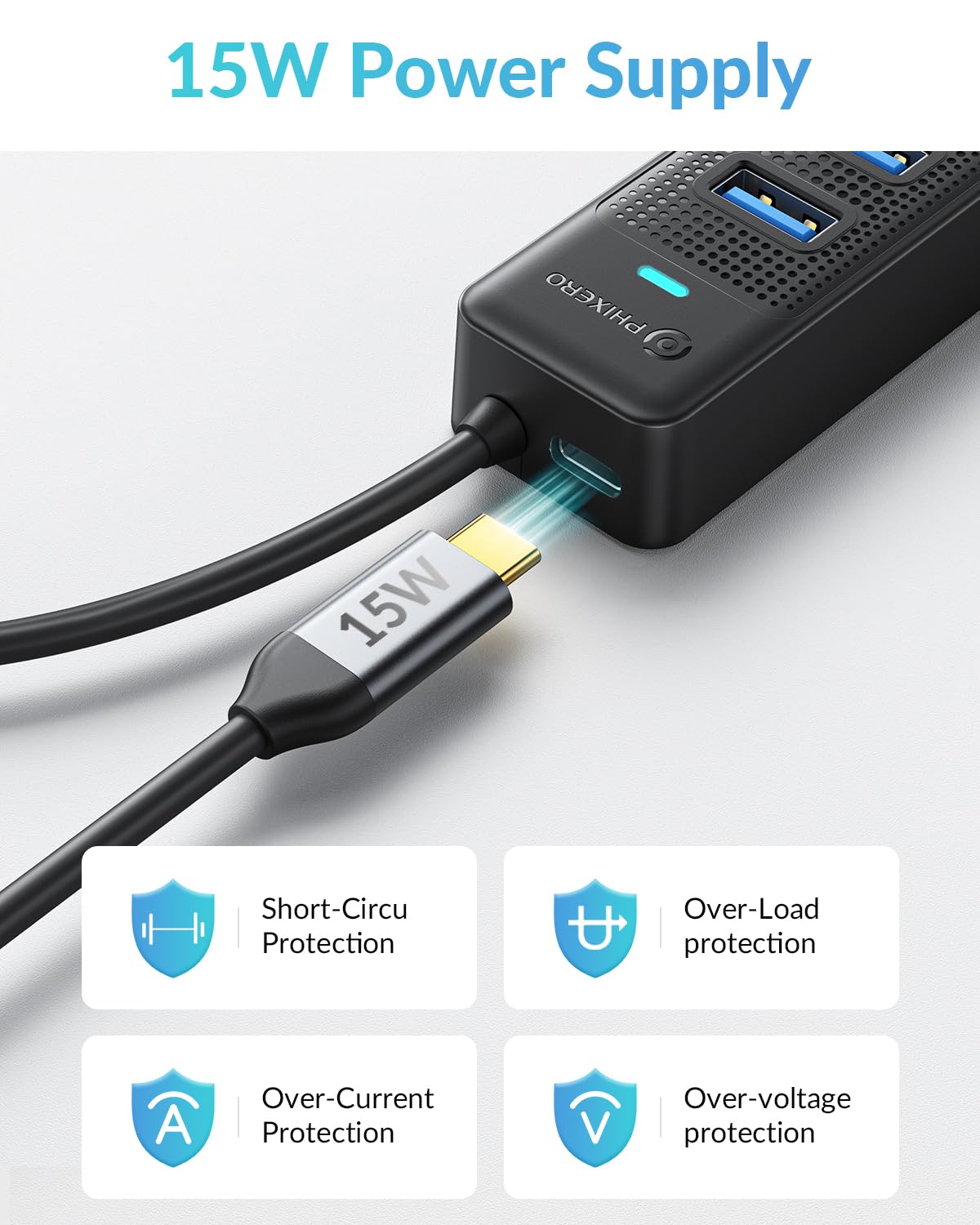 PHIXERO 7 Port USB Hub 3.0 with 1.6FT/50CM Long Cable, Multiport Adapter and Splitter for PC, Compatible with All USB 3.0/2.0/1.1 Devices