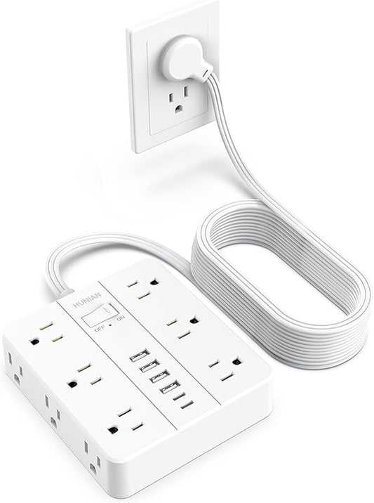 Flat Plug Power Strip, Flat Extension Cord Indoor 20 Feet, HUNIAN 12 Widely Spaced Outlets with 6 USB (2 USB C Ports), Desk Charging Station for Home Office Supplies, White