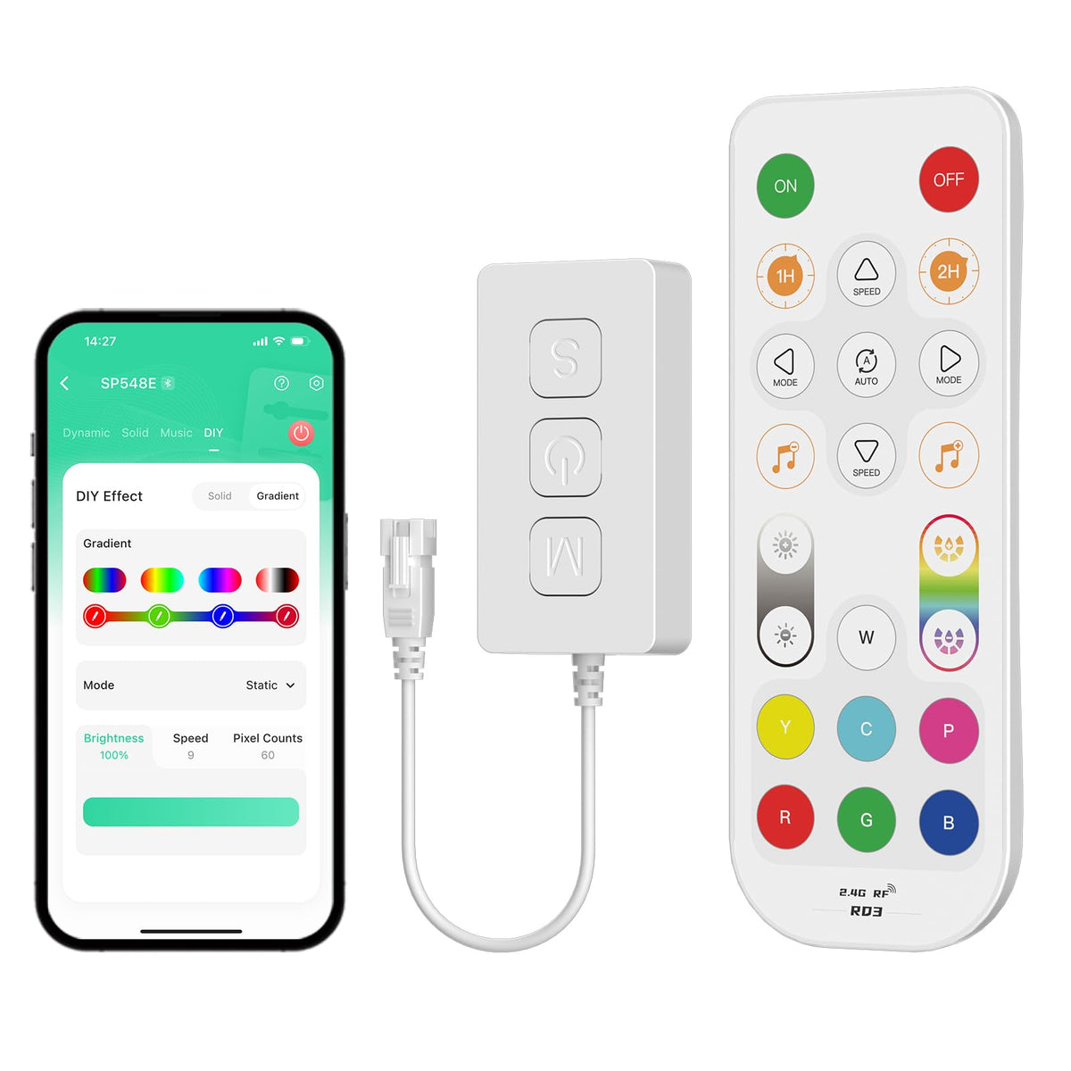 PAUTIX SP608E SPI Pixel LED Controller with 8 Signal Outputs,Work with RGB Smart IC COB LED Strips,Built-in Mic/AUX Music Bluetooth for WS2811 LED Module Pixel Strip Light APP/Remote/Trigger Control