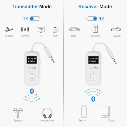 Bluetooth 5.3 Transmitter Receiver for Airplane, Wireless Audio Adapter w/Screen for 2 AirPods, AptX Adaptive/SBC/HD,100ft Long Range, 25h Playtime, 3.5mm Aux Adapter for TV, Speakers, MP3