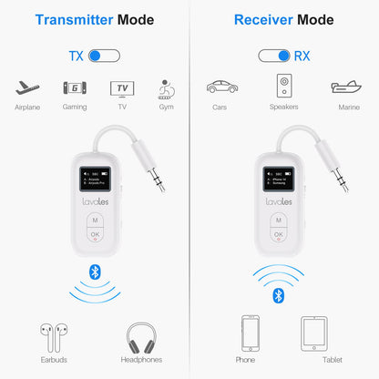 Lavales Bluetooth 5.3 Transmitter Receiver for Airplane, Wireless Audio Adapter for 2 Headphones, aptX Adaptive/SBC/HD,100ft Long Range, 35h Playtime, 3.5mm AUX Adapter for TV, Speakers, MP3