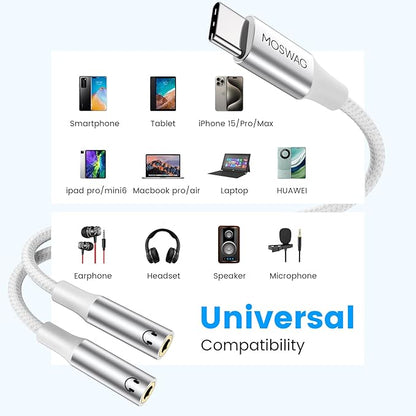MOSWAG Type C to Dual 3.5mm Aux Headphone Jack Adapter, Type C to Dual 3.5mm Aux Headphone Jack Adapter Compatible with Pixel 7 6 Pro 5, for Galaxy S23 S22 S21 Ultra Note 20 Ultra iPad Air MacBook