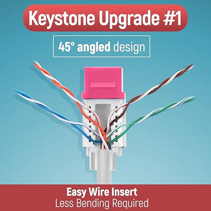Everest 45° Angled RJ45 Cat6 Keystone Jacks 10-Pack in Pink - Slim Profile Female RJ45 Connectors - Cat 6 Keystone Jack - Compatible with 45° Angled Speed Termination Tool - 45Term (B0BL3GS7ZY)