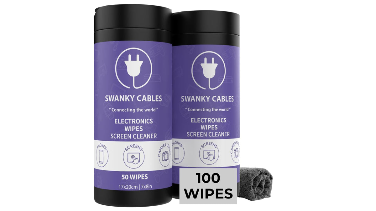 Swanky Cables Electronic Cleaning Wipes - Computer, TV, Monitor, Phone, Laptop, Tablet, Keyboard, Camera & Lens Cleaner, Portable Tech Screen Cleaner - With Microfiber Cloth - Canister, 150 Count