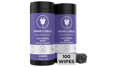 Swanky Cables Electronic Cleaning Wipes - Computer, TV, Monitor, Phone, Laptop, Tablet, Keyboard, Camera & Lens Cleaner, Portable Tech Screen Cleaner - With Microfiber Cloth - Canister, 150 Count