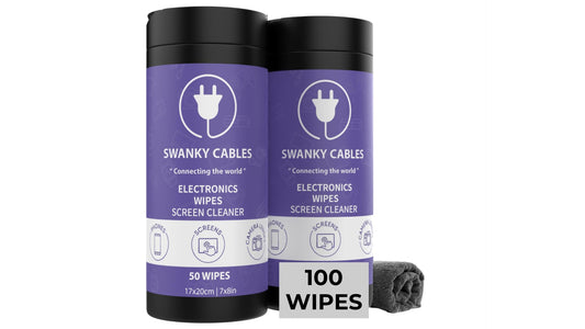 Swanky Cables Electronic Cleaning Wipes - Computer, TV, Monitor, Phone, Laptop, Tablet, Keyboard, Camera & Lens Cleaner, Portable Tech Screen Cleaner - With Microfiber Cloth - Canister, 150 Count