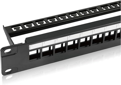 Tecmojo 24-Port Blank Keystone Patch Panel, 1U 19" Rackmount Housing with Cable Management Support Bar, Black