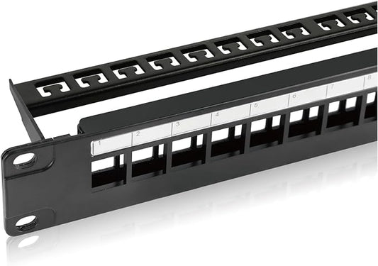 Tecmojo UL Listed 1U 24-Port Blank Keystone Patch Panel, Unshielded UTP, 19-Inch Rackmount with Grounding Cable, Rear Cable Management Bar
