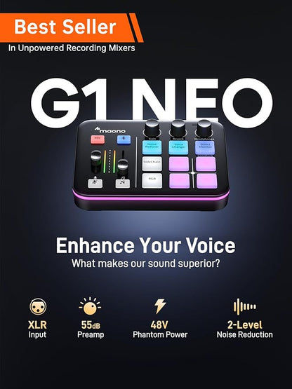 MAONO Gaming Streaming Equipment Bundle: Audio Interface Mixer XLR Dynamic Mic Studio Headphone RGB Noise Reduction Live Streaming Podcasting MaonoCaster PD200XS&G1 NEO&MH601
