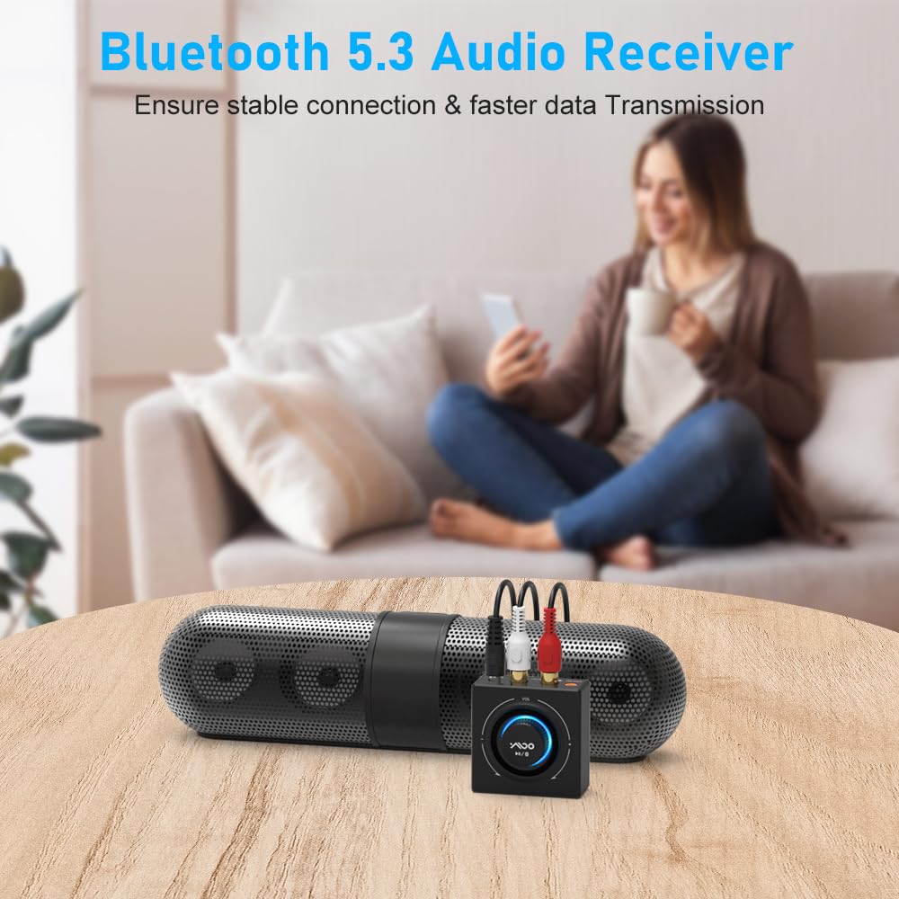 YMOO B06T3 Bluetooth 5.3 Receiver, 100ft RCA Bluetooth Audio Adapter for 3.5mm Jack AUX HiFi Home Stereo/Speaker from Smartphone/Tablet/Laptop, Dual Link for Two Speakers, SBC AAC Audio