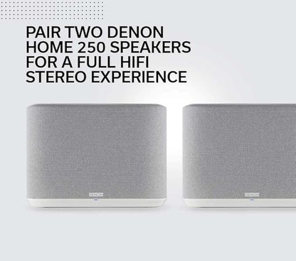 Denon Home 250 Wireless Smart Speaker – Mid-Size, Stereo Sound, Wi-Fi & Bluetooth, HEOS Built-in, Alexa Built-in, Siri & AirPlay 2, Spotify Connect, Multi-Room Support, White