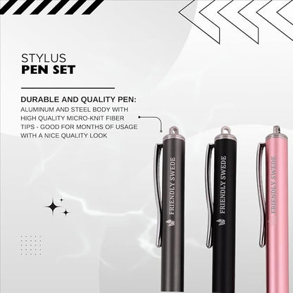 The Friendly Swede Mesh Tip Stylus Pen for Touchscreen — 3-Pack Micro-Knit Capacitive Stylus Pen for iPad & iPhone with 3 Replaceable Fiber Tips, Elastic Lanyards & Screen Cleaning Cloth