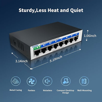 8 Port Gigabit Switch, Easy Smart Managed Ethernet Switch, Network Hub, Ethernet Splitter, Plug & Play, Fanless Metal Design, VLAN, Qos, Support PoE Powered, Desktop or Wall Mount
