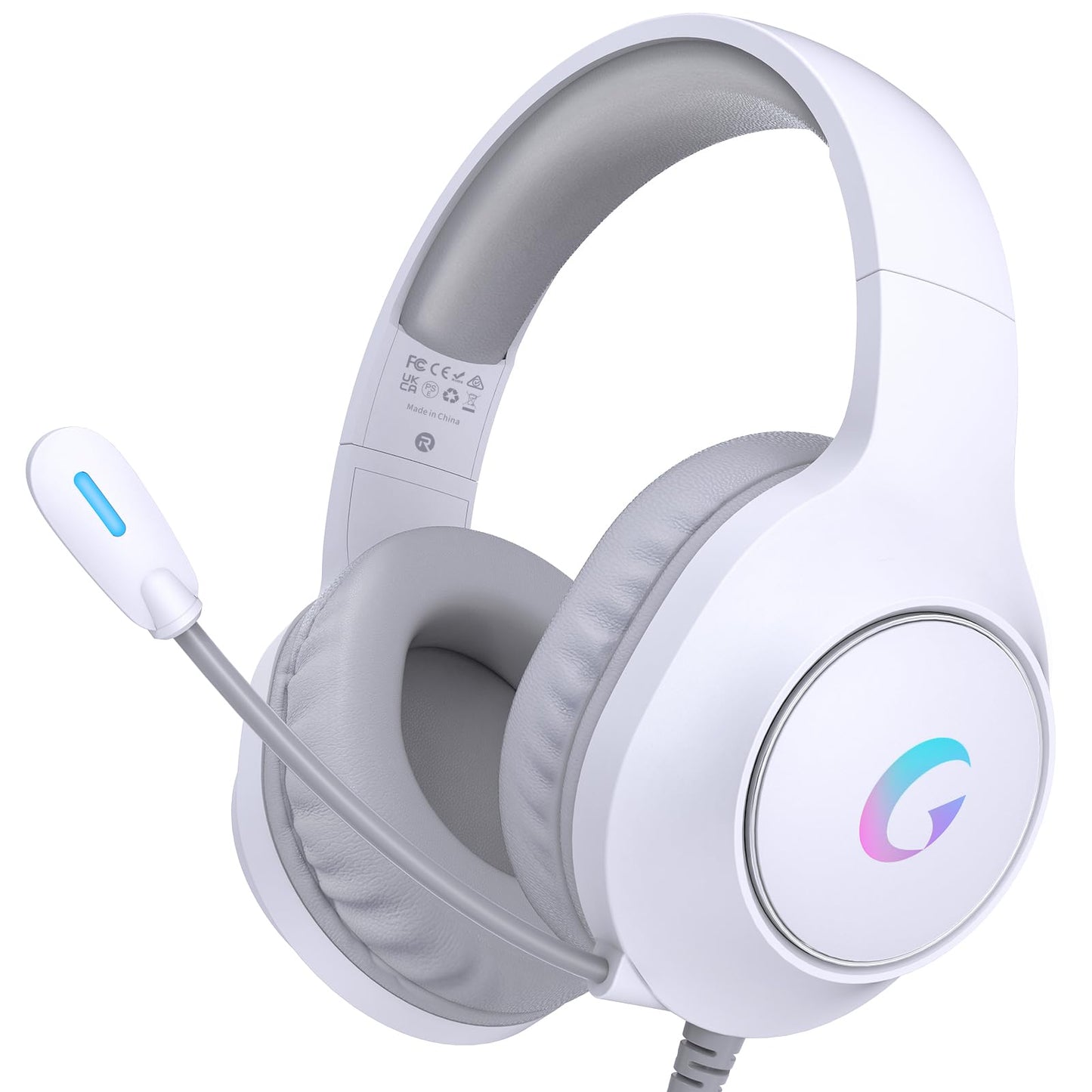 syndesmos CM7002 Gaming Headset for PC, PS5, Xbox Series X|S, Switch, Over-Ear Headphones with 7.1 Surround Sound, 50MM Drivers & Noise Canceling Mic, RGB Comfort Headset for Gaming, Light White