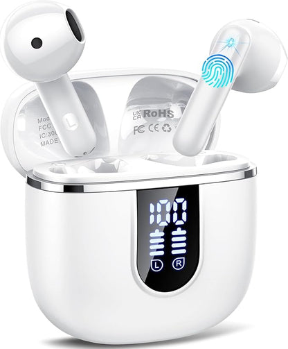 Wireless Earbuds, Bluetooth 5.4 Headphones with 3D Bass Stereo, 40H Ultralight in-Ear Buds, Bluetooth Earbuds with 4 ENC Noise Cancelling Mic, USB-C, IP7 Waterproof Earphones for Android iOS, Milky
