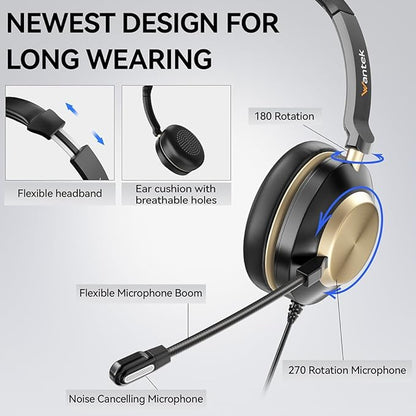 Wantek USB Computer Headset with Clear Chat Microphone, Lightweight On Ear Wired Headset for MS Teams,Skype,Webinars,Call Center and More