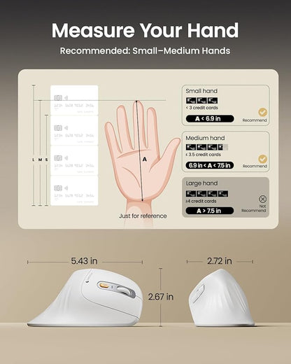 ProtoArc Ergonomic Vertical Mouse, EM11 NL Rechargeable Wireless Mouse Bluetooth, Ergo Mice with 3 Multi-Device for PC/Notebook/Laptop, 2.4GHz Optical Mice for Windows, Mac OS, White