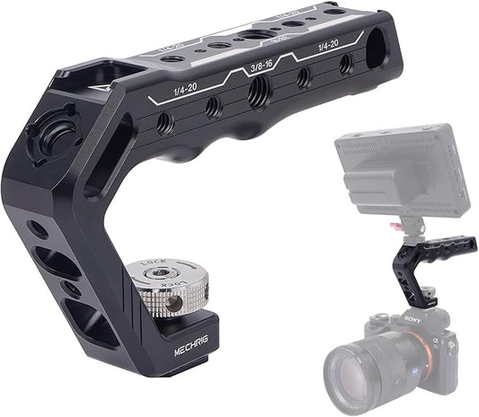 Mechrig Cold Shoe Camera Handle Grip with ARRI Pin & Triple Threads - CNC Aluminum Top Handle for DSLR/Camera Cage/Monitor/Microphone (15kg Load) 62078
