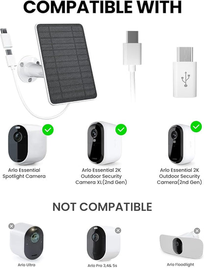 5W Solar Panel Charger Compatible with Arlo Essential 2K Outdoor Camera(2nd Gen)/Essential Outdoor XL(2nd Gen)/Essential Spotlight, IP65 Waterproof 10ft USB-C & Micro USB Cable & Wall Mount, 2 Pack