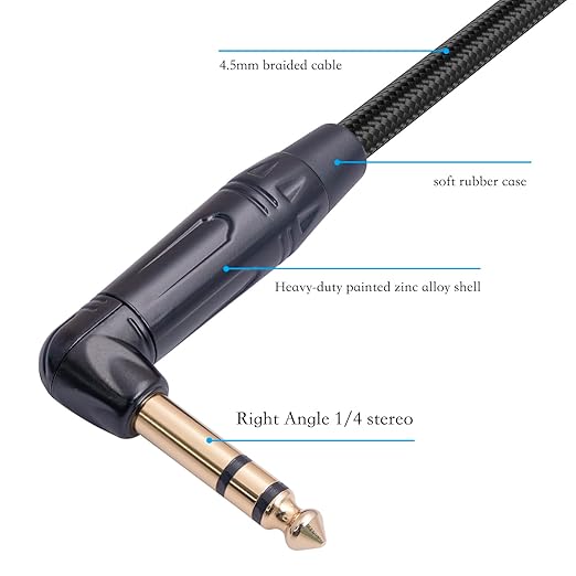 HUAELU 2Pack 1FT Right Angle Audio Cable, Male to Female, 6.35mm TRS Stereo to 1/4 Female Stereo Headphone Guitar Extension Cable Cord for Amplifiers