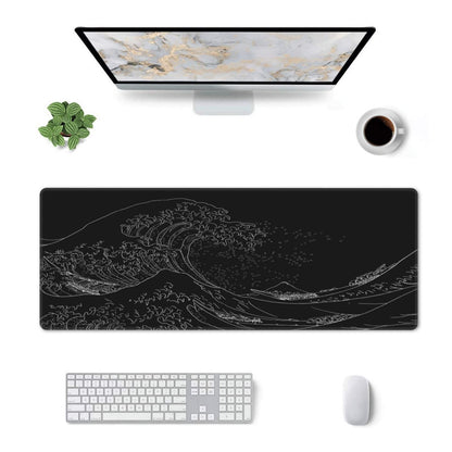 Japanese Sea Wave Large Mouse Pad, Anime Black Gaming, Extended Kanagawa Mat Desk Pad, 3mm Thick Long Non-Slip Rubber Base Mice Pad, 31.5 X 11.8 Inch