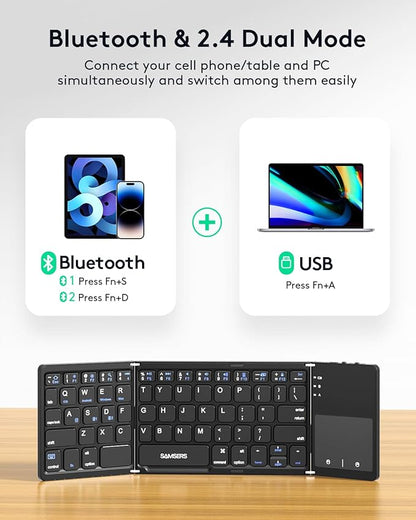 Samsers Multi-Device Foldable Bluetooth Keyboard with Touchpad, Rechargeable Dual-Mode(2.4G+BTx2) Wireless Keyboard with Holder, Portable Folding Keyboards for Android Windows iOS Mac OS - Black