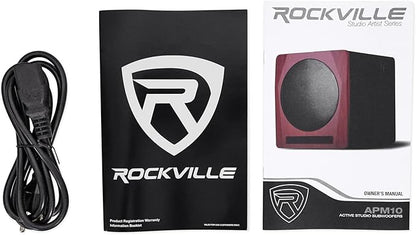 Rockville APM10B Active Studio Subwoofer in Black, 10"", 400W, MDF Wood, RCA/XLR/Optical, Front-Firing Port, Perfect for Studios and Music Production