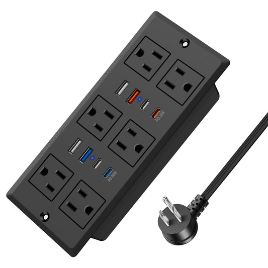 Recessed Power Strip with PD 30W Fast Charging, Conference Desk Flush Mount Outlets Plug in 6 Outlets & 8 USB Ports,3FT Cord Furniture Drawer Outlet Black