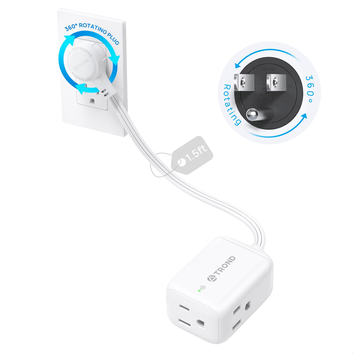 TROND Rotating Flat Plug Extension Cord Surge Protector 1.5ft, 3 AC, White