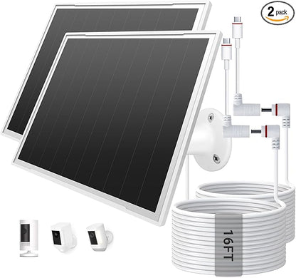 2-Pack Solar Panel Charger for Ring Camera, 8W High-Efficiency - Compatible with Ring Spotlight & Stick Up Cam Pro/Plus, 16ft Long Cable, 3.5mm to USB-C Adapter, IP65 Waterproof, White