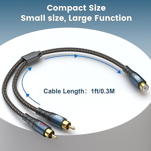 EMK RCA Splitter 2 Male to Female Extension Cable Dual Shielding Gold Plated Nylon Braided RCA Splitter 1 Female to 2 Male Cord Adapter 1ft/30CM