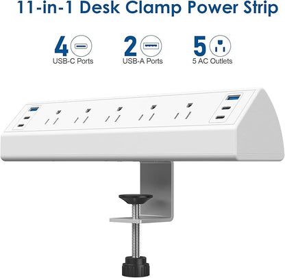 Desk Clamp Power Strip USB C,Under Desk Mount Power Station,20W Fast Charging,Fits 1.9'' Tabletop Edge,Desk Surge Protector,Perfect Home,Office Supplies (White, 5 Outlets & 6 USB Ports & 20 FT Cable)